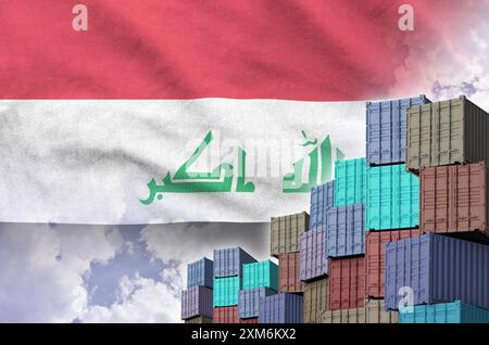 Irak Turkey Container Storage Iraq flag and big stack of shipping cargo containers in docks with sky ...