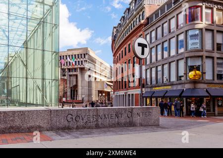 Boston, Massachusetts, USA - March 16, 2024:  View of Government Center from Congress Street; Green Line subway station on the left and the Boston Cit Stock Photo