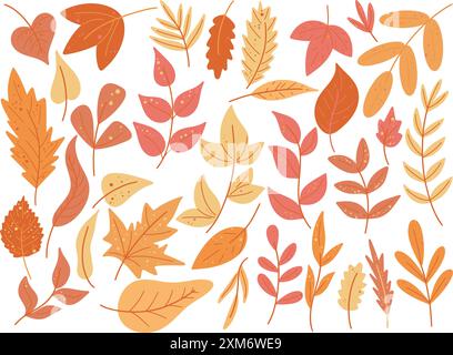 Illustration featuring colorful autumn leaves in orange and yellow tones, ideal for autumnal designs. Hand drawn fall leaf, twigs and branches Stock Vector