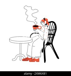 An illustration of a woman savoring a cup of coffee at a cafe with a minimalistic design style Stock Vector