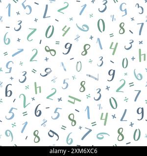 Numeral vector seamless pattern. Handwritten lettering modern brush calligraphy. Hand-drawn figures 1, 2, 3, 4, 5, 6, 7, 8, 9, 0 and mathematical symb Stock Vector