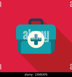 First aid kit icon is casting a long shadow on a red background Stock Vector