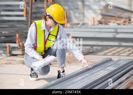 Young female construction worker with hard hat and safety vest inspecting building materials on a construction site. Stock Photo