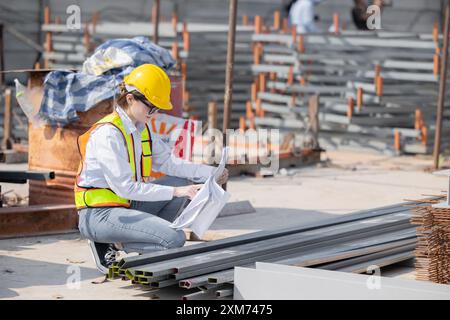 Young female construction worker with hard hat and safety vest inspecting building materials on a construction site. Stock Photo