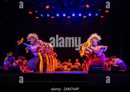 Traditional Balinese dance performance in the Hollywood Theater on board cruise ship Vasco da Gama (nicko cruises), Benoa, Bali, Indonesia Stock Photo