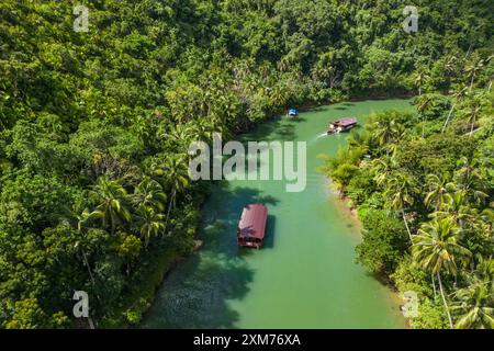 Aerial view of Loboc River and rainforest with tour boat, near Loboc, Bohol, Philippines Stock Photo