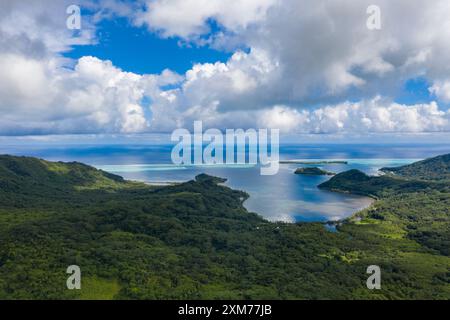 Aerial view of lush landscape and lagoon, Raiatea, Leeward Islands, French Polynesia, South Pacific Stock Photo