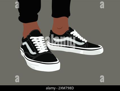 Vector illustration of black shoes with black pants on grey background. Stock Vector