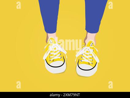 Vector illustration of yellow shoes with blue pant on yellow background. Stock Vector