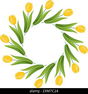 A vibrant frame of yellow tulips with lush green leaves arranged in a circle. A decorative wreath for greeting cards, invitations, seasonal holidays a Stock Vector