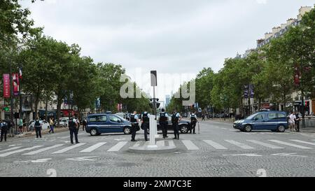 Paris, France. 26th July, 2024. French Police close the roads and step up security ahead of the Olympics opening ceremony tonight in Paris, France on Friday, July 26, 2024. Earlier today an arson attack on the French railway network has caused major delays ahead of the opening ceremony. Photo by Hugo Philpott/UPI Credit: UPI/Alamy Live News Stock Photo