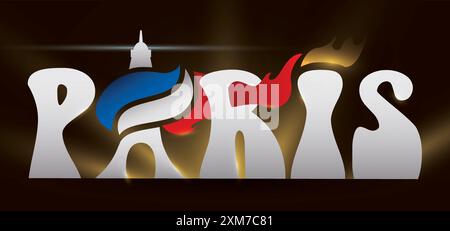 Paris sign decorated with silhouette of Eiffel Tower, flame as torch and lights on dark background. Stock Vector