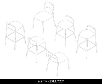 Vector illustration Bar stool icons set of contours. Chair bench. Club furniture. Isometric view. 3D. Stock Vector