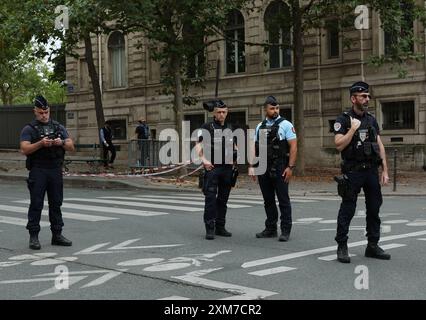 Paris, France. 26th July, 2024. French Police close the roads and step up security ahead of the Olympics opening ceremony tonight in Paris, France on Friday, July 26, 2024. Earlier today an arson attack on the French railway network has caused major delays ahead of the opening ceremony. Photo by Hugo Philpott/UPI Credit: UPI/Alamy Live News Stock Photo