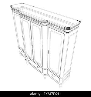 Contour of Wooden retro wardrobe. Natural wood retro closet for interior, dress storage cabinet vector illustration. Isometric view. 3D. Stock Vector
