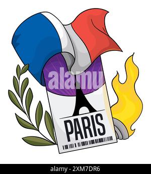 Special ticket with Eiffel tower silhouette for Paris games decorated with French flag, lighted torch and kotinos or olive branch in cartoon style. Stock Vector