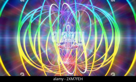 3d illustration of torsion fields of astral energies around a meditating person Stock Photo