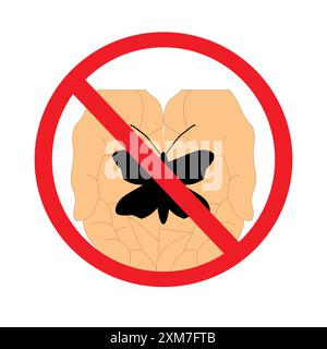 Hands holding the silhouette of a butterfly in red prohibition circle, do not collect butterflies concept Stock Vector