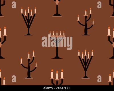 Seamless pattern with candlesticks in a minimalist style. Candlestick with candles. Candle holder with burning candles. Design for wallpapers, wrapper Stock Vector