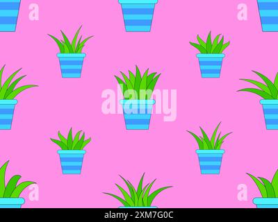 Seamless pattern with potted indoor plants in minimalist style. Indoor plants in a pot with a black outline. Houseplant design for wallpaper, wrappers Stock Vector