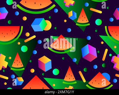Watermelons and geometric shapes seamless pattern. Gradient geometric shapes and watermelon slices with seeds. Design for wallpapers, wrappers, covers Stock Vector