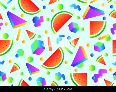 Watermelons and geometric shapes seamless pattern. Gradient geometric shapes and watermelon slices with seeds. Design for wallpapers, wrappers, covers Stock Vector