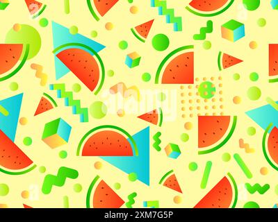Watermelons and geometric shapes seamless pattern. Gradient geometric shapes and watermelon slices with seeds. Design for wallpapers, wrappers, covers Stock Vector