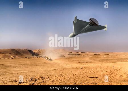 A military kamikaze drone flies over mountains in the desert against a backdrop of sky and clouds, war in Israel Stock Photo