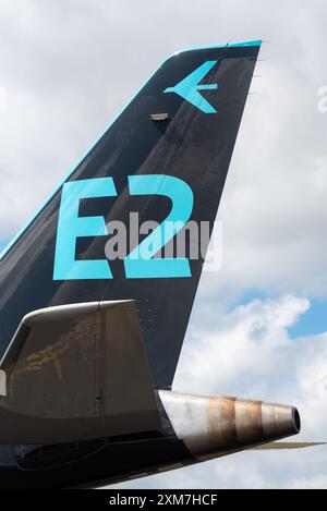 Embraer E195-E2 airliner named Profit Hunter landing at the Farnborough ...