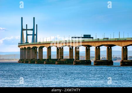 M4 Second Severn Crossing, now called the Prince of Wales Bridge, taken from Aust side in England, UK.blue, colour, color, blue sky Stock Photo