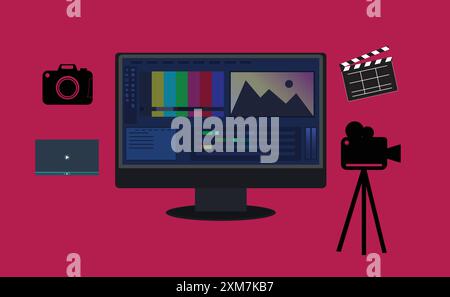 Video production, Editing Black Desktop icon, Clapper movie board,Videography, Editing mixer, video workshop, Video software on Black computer screen, Stock Vector