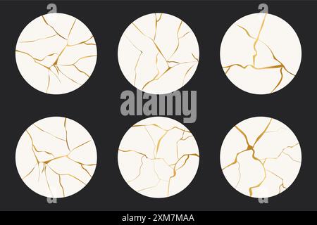 Highlight cover circle Kintsugi gold simple break lines, asian geaometric crackle. Social media frame surface with crack print, effect. Moderm cover golden broken texture. Vector illustration Stock Vector