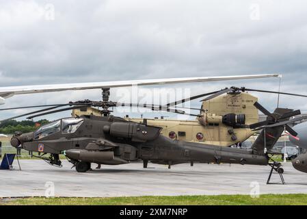 United States Army Boeing AH-64E Apache helicopter gunship on show at the Farnborough International Airshow 2024, UK Stock Photo