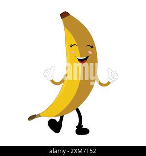 Banana mascot cartoon character, fruit cartoon character emoticon Cartoon happy banana mascot character waving hand. Mood booster fruit illustration Stock Vector