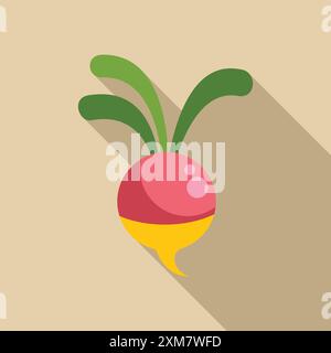 Bright pink and yellow radish with green leaves is growing on a farm Stock Vector