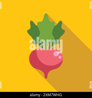 Single radish with leaves growing on a yellow background with a long shadow Stock Vector