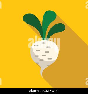 White radish with green leaves growing on a yellow background, simple flat design of a healthy vegetable Stock Vector