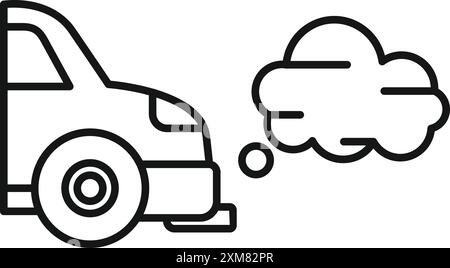 Simple black and white line art of a car polluting the air by emitting exhaust fumes Stock Vector