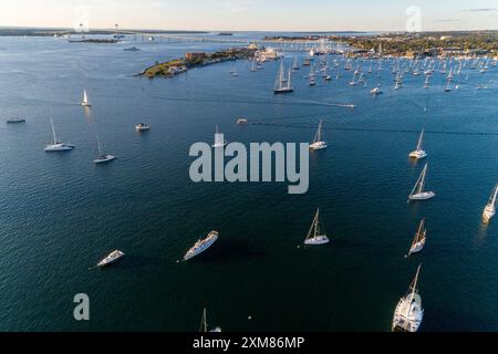 Aerial images of Newport harbor on a stunning fall evening. Newport-Rhode Island. High-res stock photos of Newport harbour. ©Paul Todd/OUTSIDEIMAGES.C Stock Photo