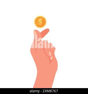 Gold coin in hand. Human hand tosses a coin. Cent in fingers. Money concept. Vector illustration Stock Vector