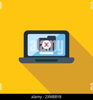 Laptop is showing a folder with a red x, representing data loss or deletion Stock Vector
