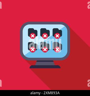 Illustration of a computer monitor displaying six folders each marked with a red cross, symbolizing corrupted files or data loss Stock Vector