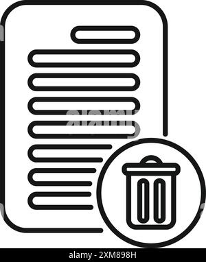 Line icon of a digital document with text lines, being moved to the trash bin Stock Vector