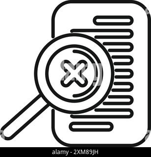 Line icon of a magnifying glass with a cross sign hovering over a document, symbolizing error detection Stock Vector