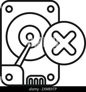 Line art icon of a hard drive showing an error message, representing data loss or corruption Stock Vector