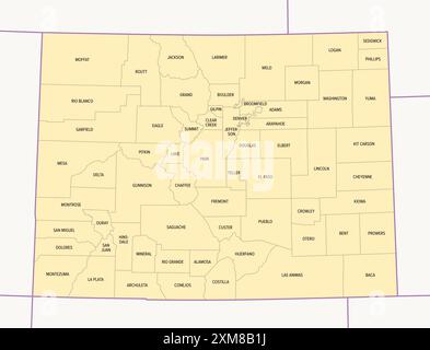 Colorado counties, political map with borders and county names. State in the Mountain West subregion of the United States, subdivided into 64 counties. Stock Photo