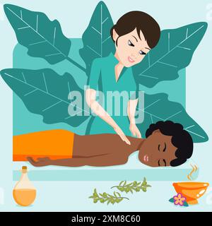 Swedish massage with professional massage therapis in spa. European and African ethnicity. Isolated flat vector illustration. Stock Vector