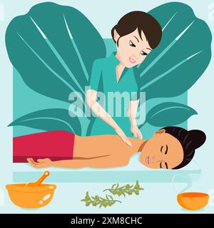 Swedish massage with professional massage therapis in spa. European and Eastern ethnicity. Isolated flat vector illustration. Stock Vector