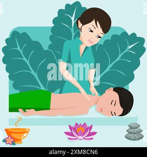 Swedish massage with professional massage therapis in spa. European and Asian ethnicity. Isolated flat vector illustration. Stock Vector