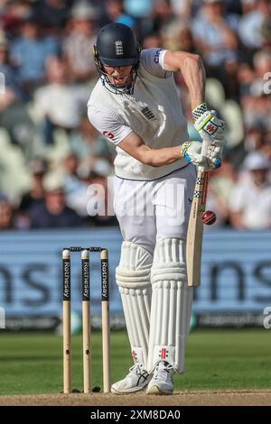 Birmingham, UK. 26th July, 2024. Zak Crawley of England hits the ball for one run during the 3rd Rothesay Test Match Day One match England vs West Indies at Edgbaston, Birmingham, United Kingdom, 26th July 2024 (Photo by Mark Cosgrove/News Images) in Birmingham, United Kingdom on 7/26/2024. (Photo by Mark Cosgrove/News Images/Sipa USA) Credit: Sipa USA/Alamy Live News Stock Photo